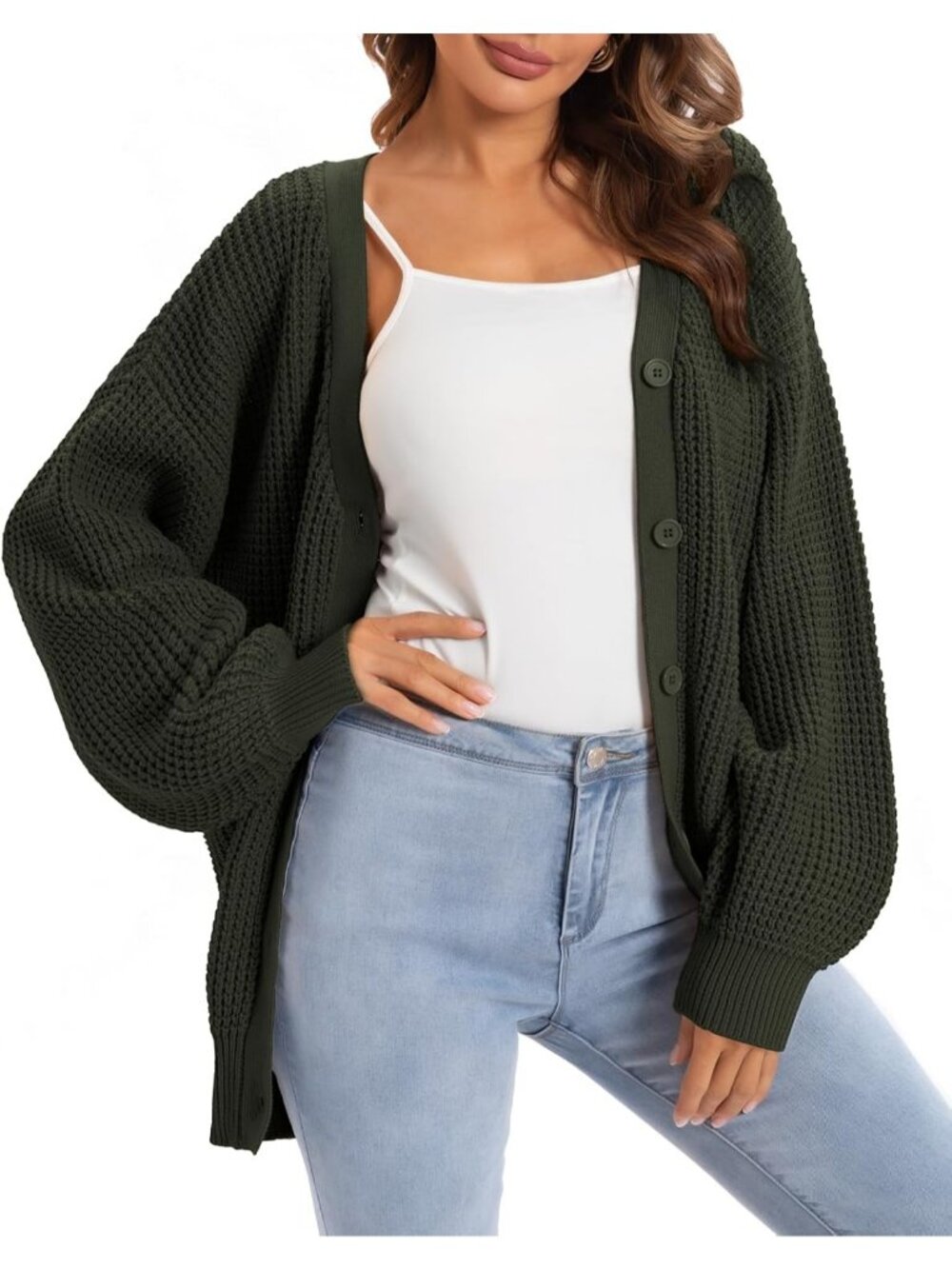 Women's Green Cotton Knit Cardigan with Lantern Sleeves V Neck Casual Sweater